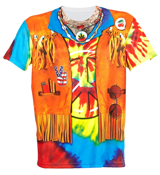 Buntes Hippie-T-Shirt mit psychedelischem Retro-Print für Fasnacht