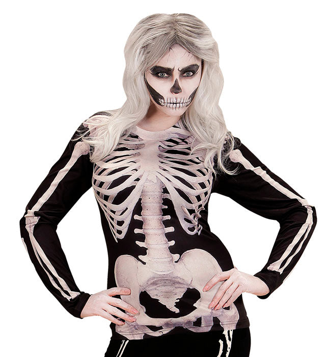 Damen Longsleeve mit Skelettfrau Motiv für Halloween und Fasnacht