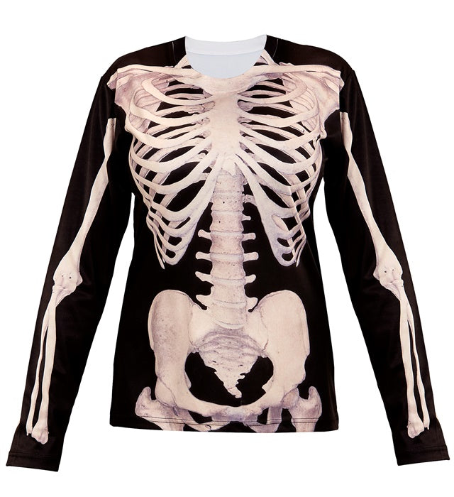 Damen Longsleeve mit Skelettfrau Motiv für Halloween und Fasnacht