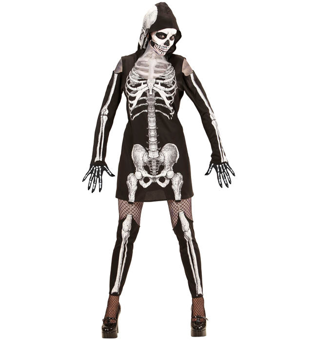 Skelett-Kleid mit Kapuze und Strapsen in Knochenoptik für Fasnacht und Karneval