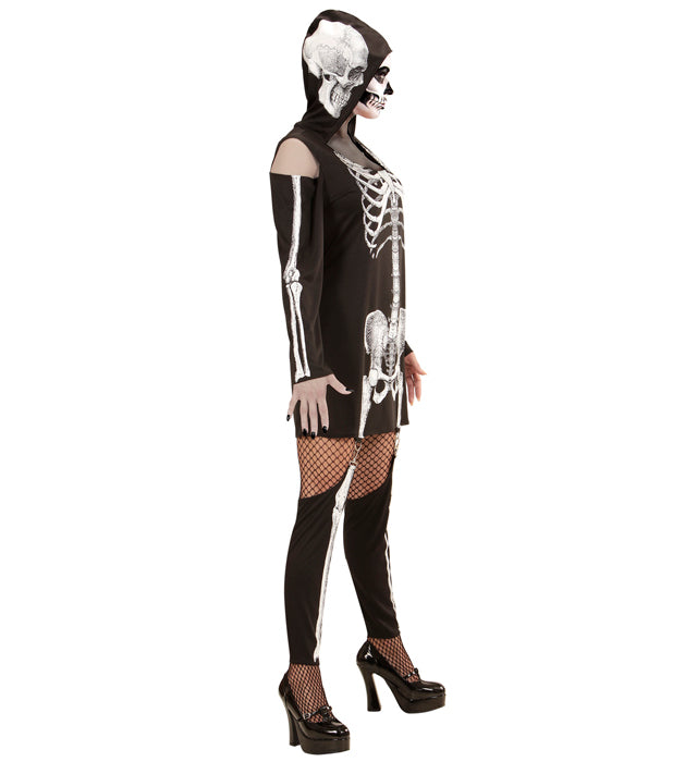 Skelett-Kleid mit Kapuze und Strapsen in Knochenoptik für Fasnacht und Karneval