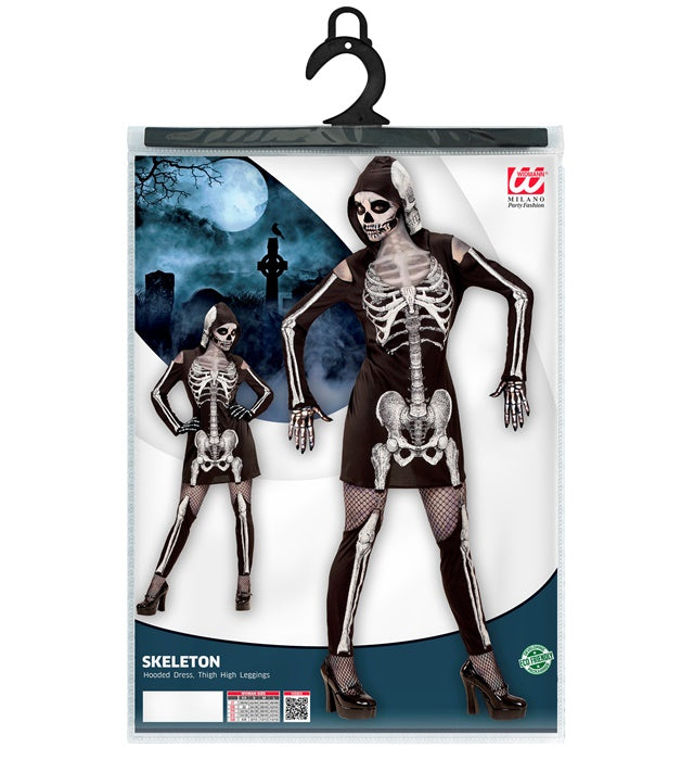 Skelett-Kleid mit Kapuze und Strapsen in Knochenoptik für Fasnacht und Karneval
