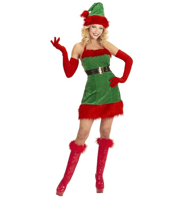 Elf Santas kleine Helferin Kostüm bestehend aus grünem Kleid, Gürtel und rotem Hut
