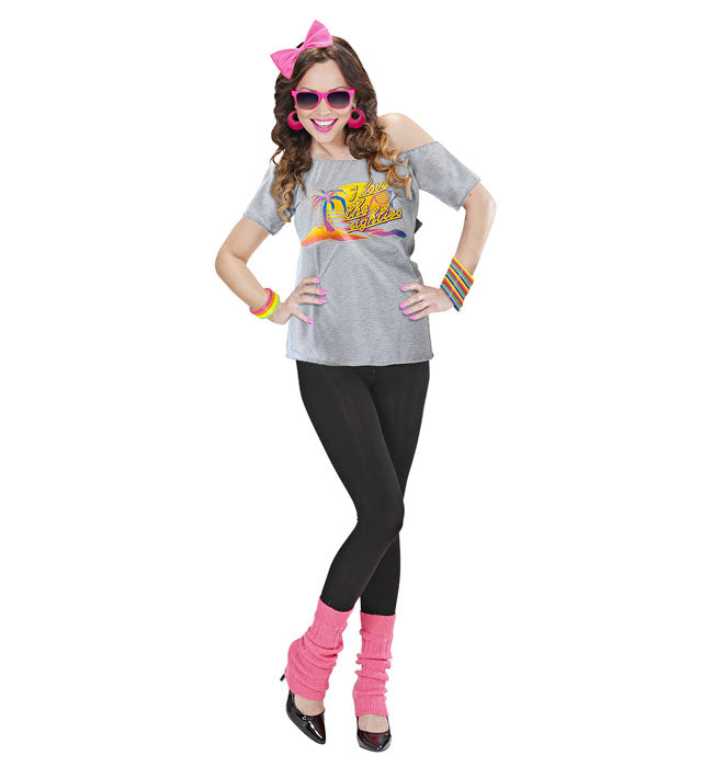 80s Beach Girl Kostümset mit T-Shirt, Haarreif und Stulpen in bunten 80er-Jahre Farben