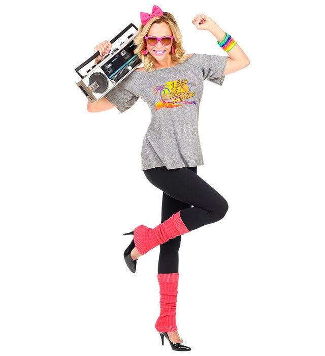 80s Beach Girl Kostümset mit T-Shirt, Haarreif und Stulpen in bunten 80er-Jahre Farben