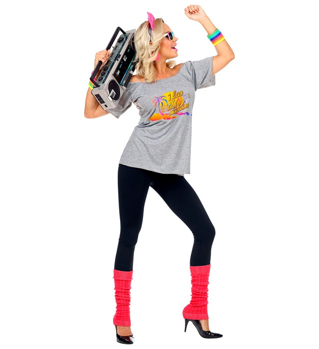 80s Beach Girl Kostümset mit T-Shirt, Haarreif und Stulpen in bunten 80er-Jahre Farben