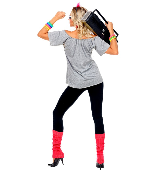80s Beach Girl Kostümset mit T-Shirt, Haarreif und Stulpen in bunten 80er-Jahre Farben