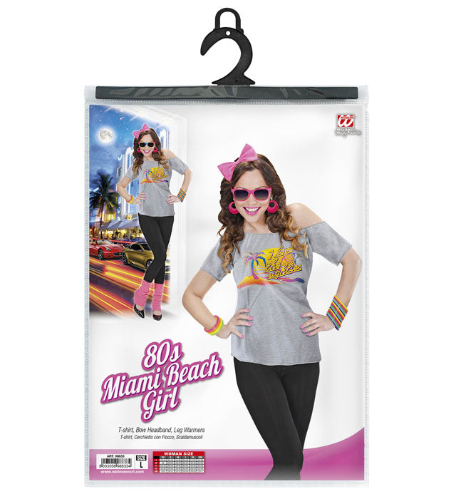 80s Beach Girl Kostümset mit T-Shirt, Haarreif und Stulpen in bunten 80er-Jahre Farben