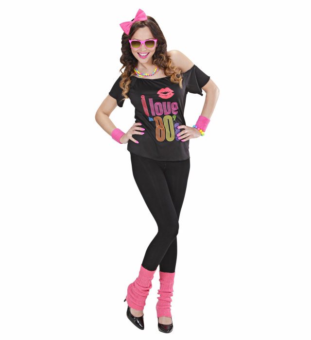 80's Girl Kostümset mit T-Shirt, Haarreif mit Schleife und Stulpen für Fasnacht