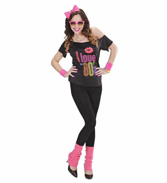 80's Girl Kostümset mit T-Shirt, Haarreif mit Schleife und Stulpen für Fasnacht