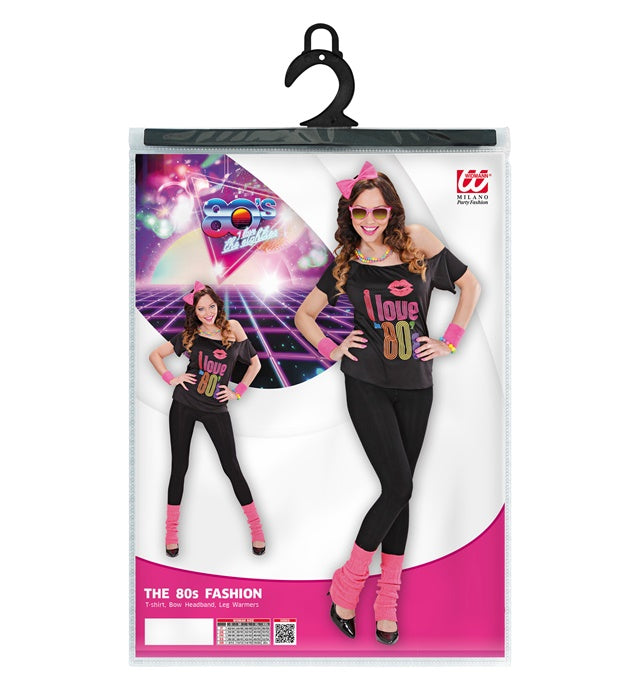 80's Girl Kostümset mit T-Shirt, Haarreif mit Schleife und Stulpen für Fasnacht
