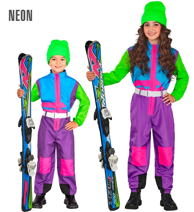 Bunter Ski- und Snowboardanzug in Violett, Hellblau und Grün mit Gürtel auf Fasnacht