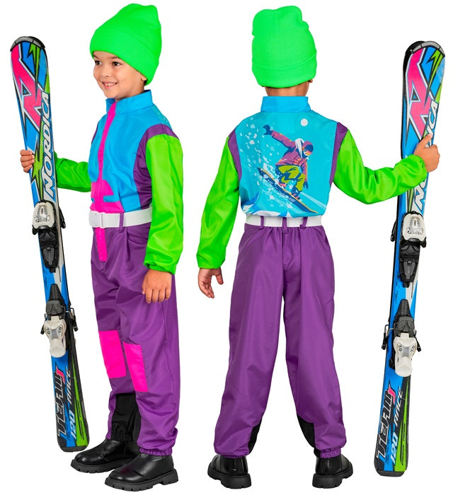 Bunter Ski- und Snowboardanzug in Violett, Hellblau und Grün mit Gürtel auf Fasnacht