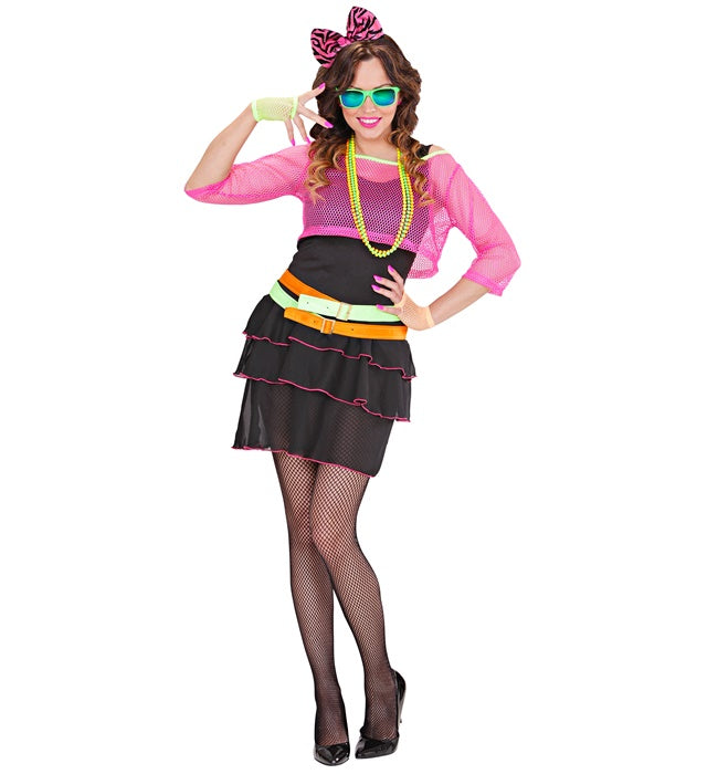 80er Jahre Groupie Girl Kostüm mit Kleid, Netz-Top, Gürtel und Haarreif mit Schleife