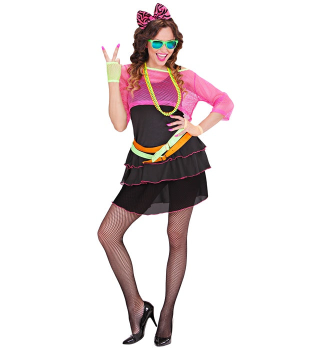 80er Jahre Groupie Girl Kostüm mit Kleid, Netz-Top, Gürtel und Haarreif mit Schleife