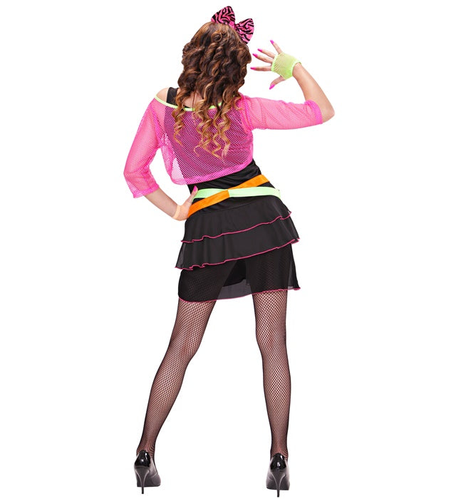 80er Jahre Groupie Girl Kostüm mit Kleid, Netz-Top, Gürtel und Haarreif mit Schleife