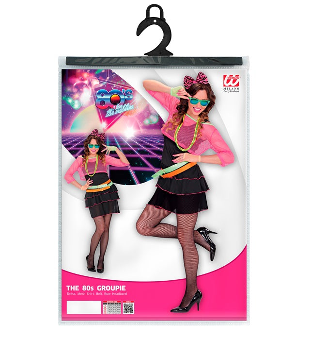 80er Jahre Groupie Girl Kostüm mit Kleid, Netz-Top, Gürtel und Haarreif mit Schleife