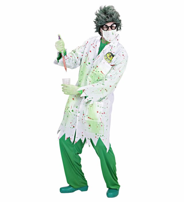 Dr. Toxic Kostüm mit weißem Kittel, Mundschutz und schwarzen Latexhandschuhen