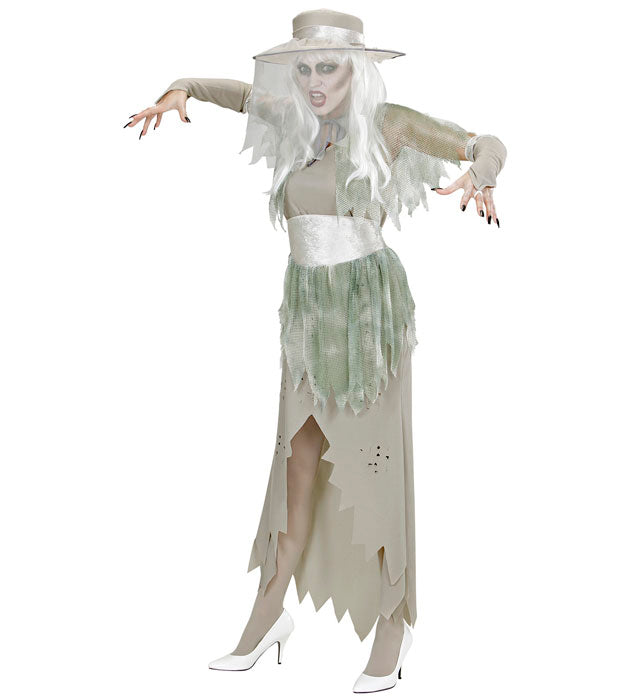 Geister Lady Kostüm mit Kleid, Hut, Umhang, Gürtel und Handschuhen für Fasnacht