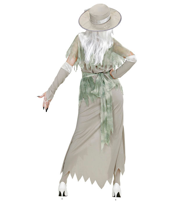 Geister Lady Kostüm mit Kleid, Hut, Umhang, Gürtel und Handschuhen für Fasnacht