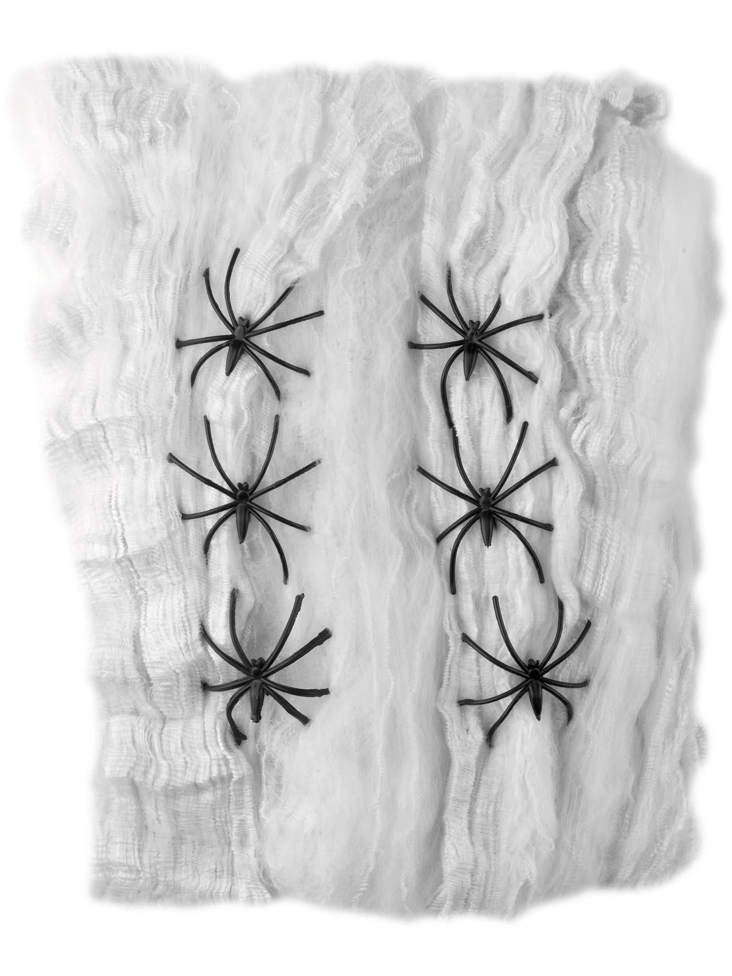 Smiffys weisse Spinnennetz-Dekoration mit 6 Plastikspinnen für Halloween