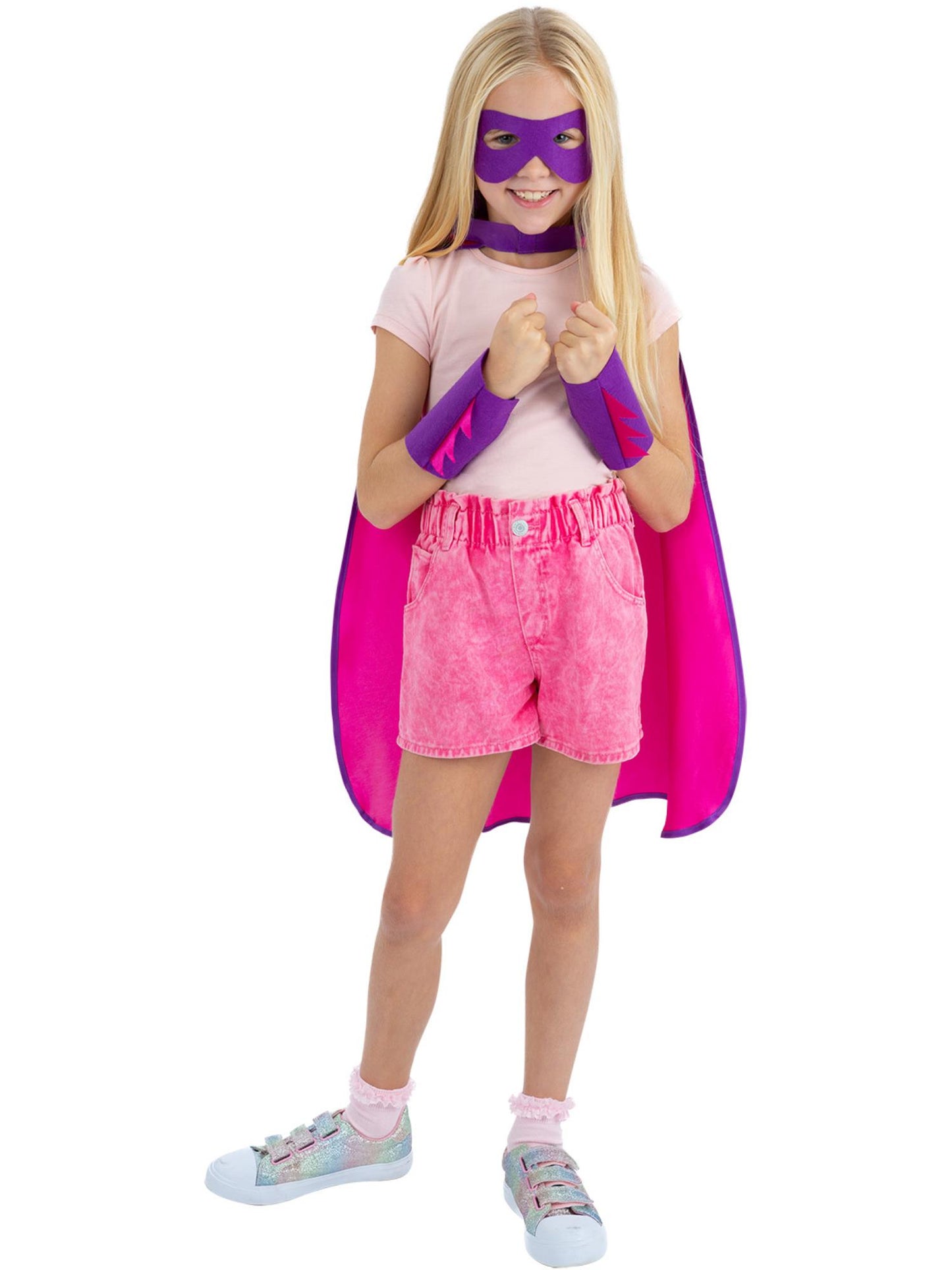 Smiffys Superhero Kit pink mit Umhang, Augenmaske und Manschetten – Produktansicht