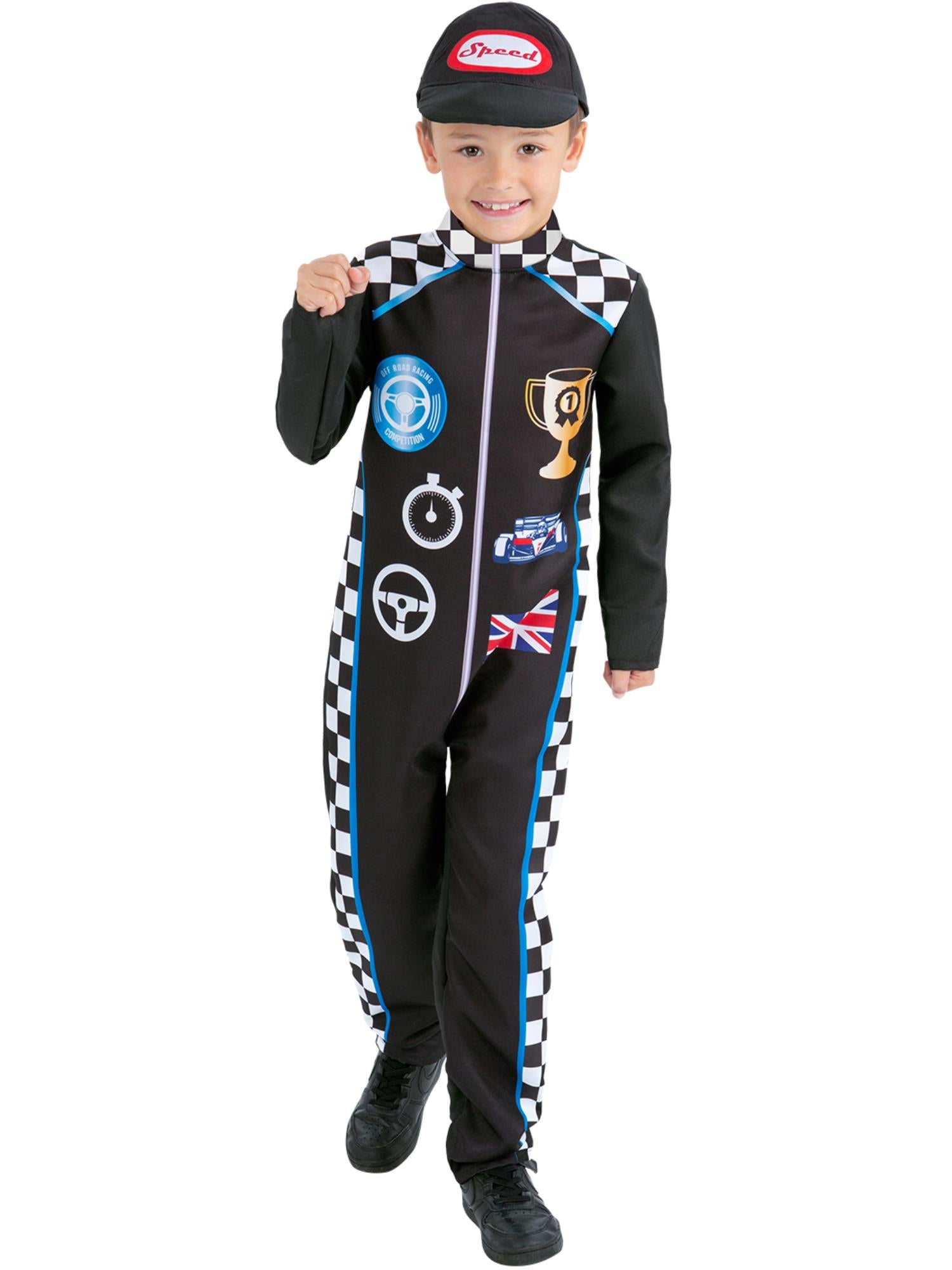 Smiffys Racing Driver Costume für Kinder in Schwarz mit Overall und Kappe