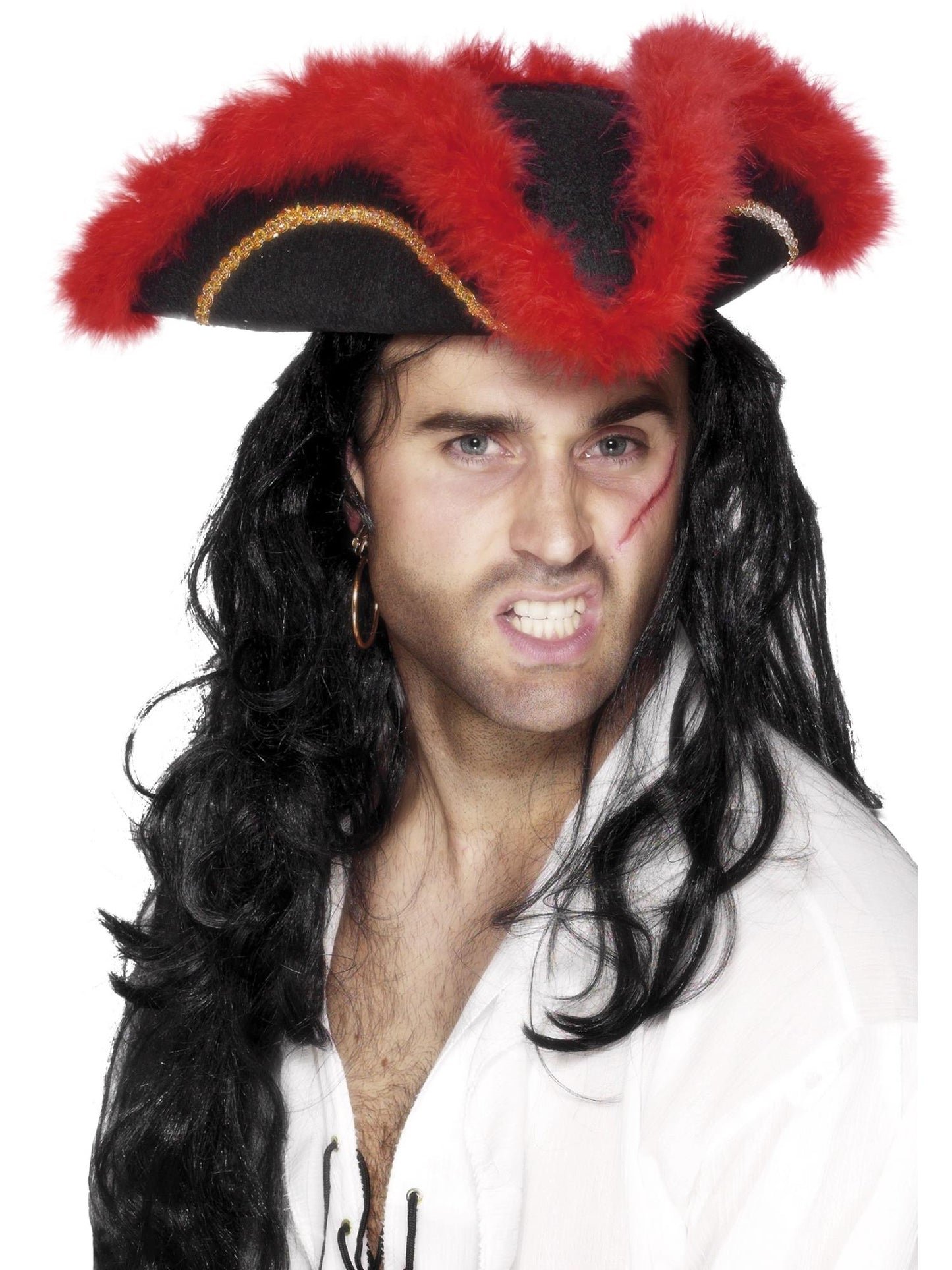 Smiffys Pirate Tricorn Hat schwarzer Piratenhut mit roter Feder und goldener Borte