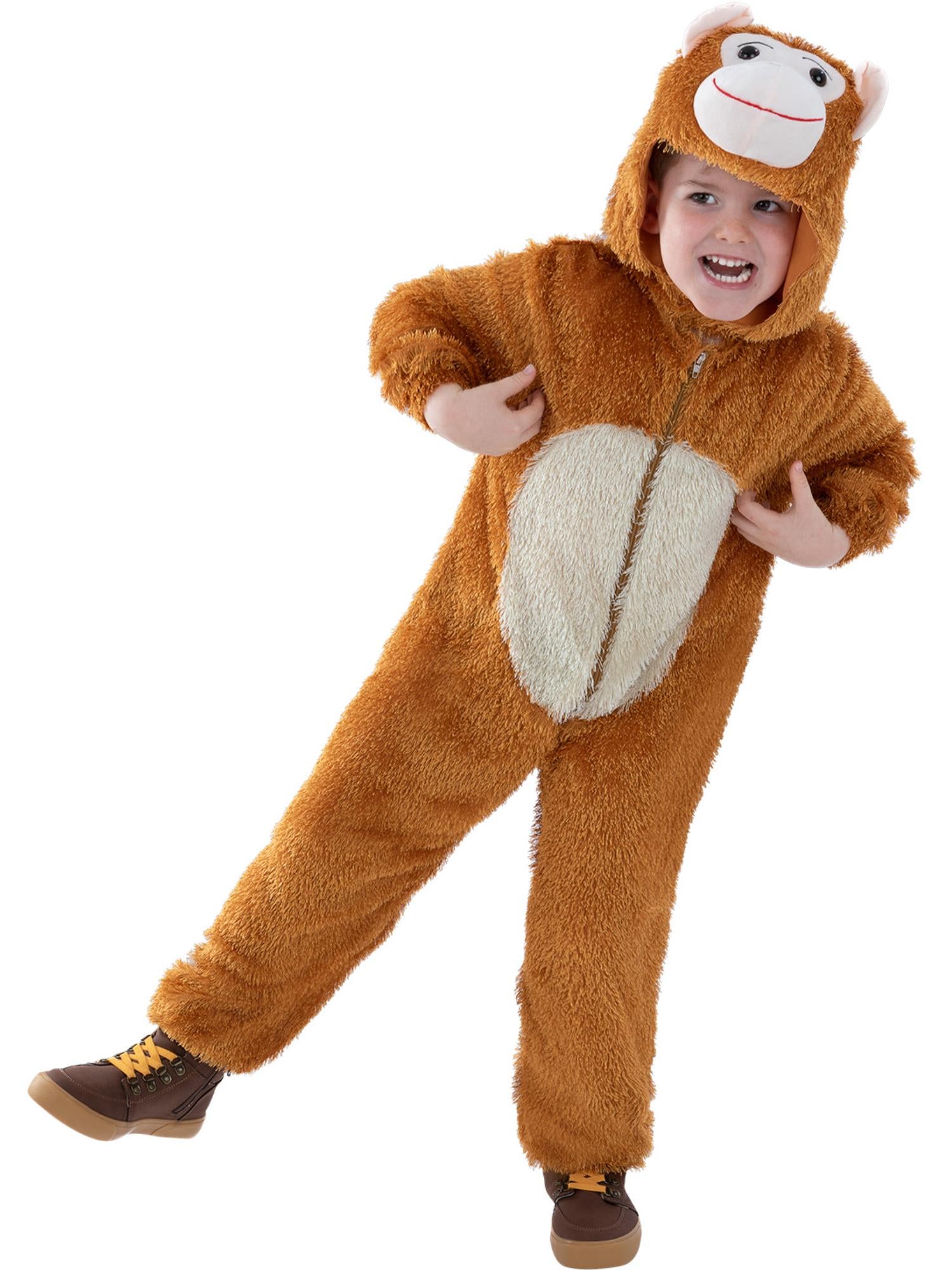 Smiffys Monkey Kostüm als brauner Affen-Overall mit Kapuze – Produktansicht