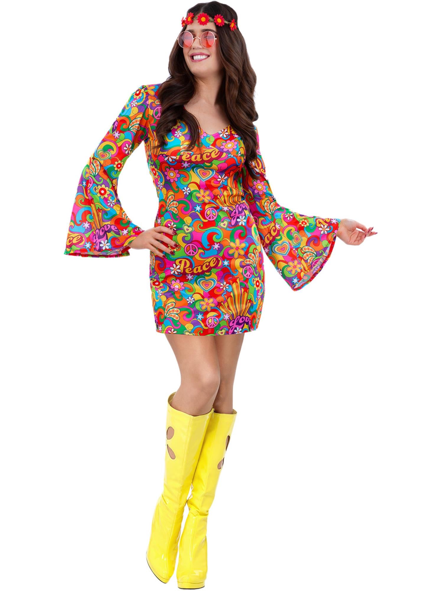 Smiffys 1960s Rainbow Peace Hippie-Kostüm für Damen, mehrfarbiges Kleid mit ausgestellten Ärmeln
