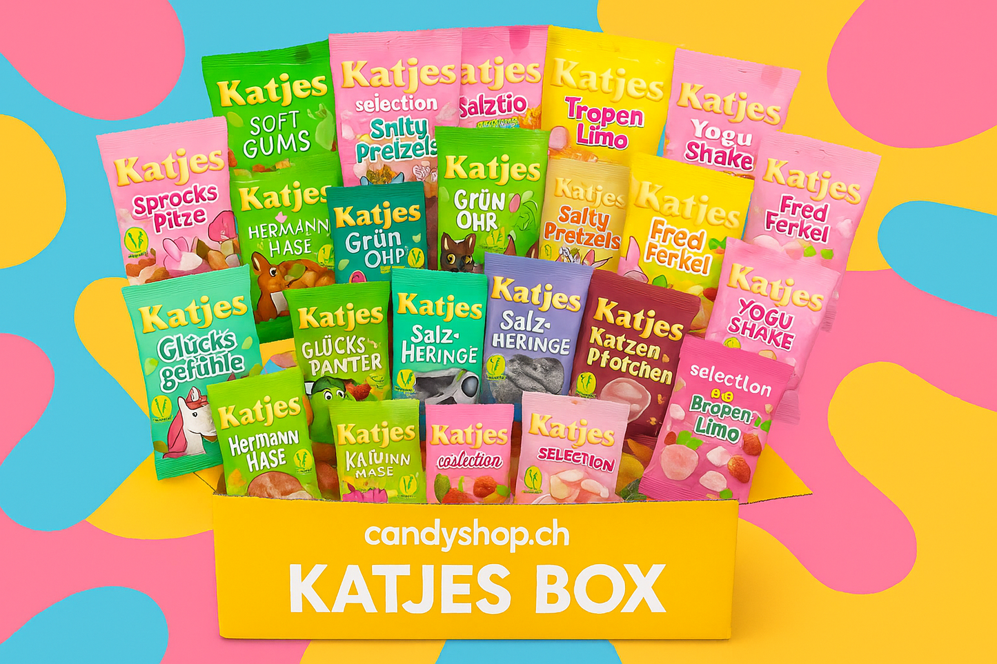 Bunte Katjes Überraschungsbox mit 12 Beuteln verschiedener Fruchtgummi-Sorten.