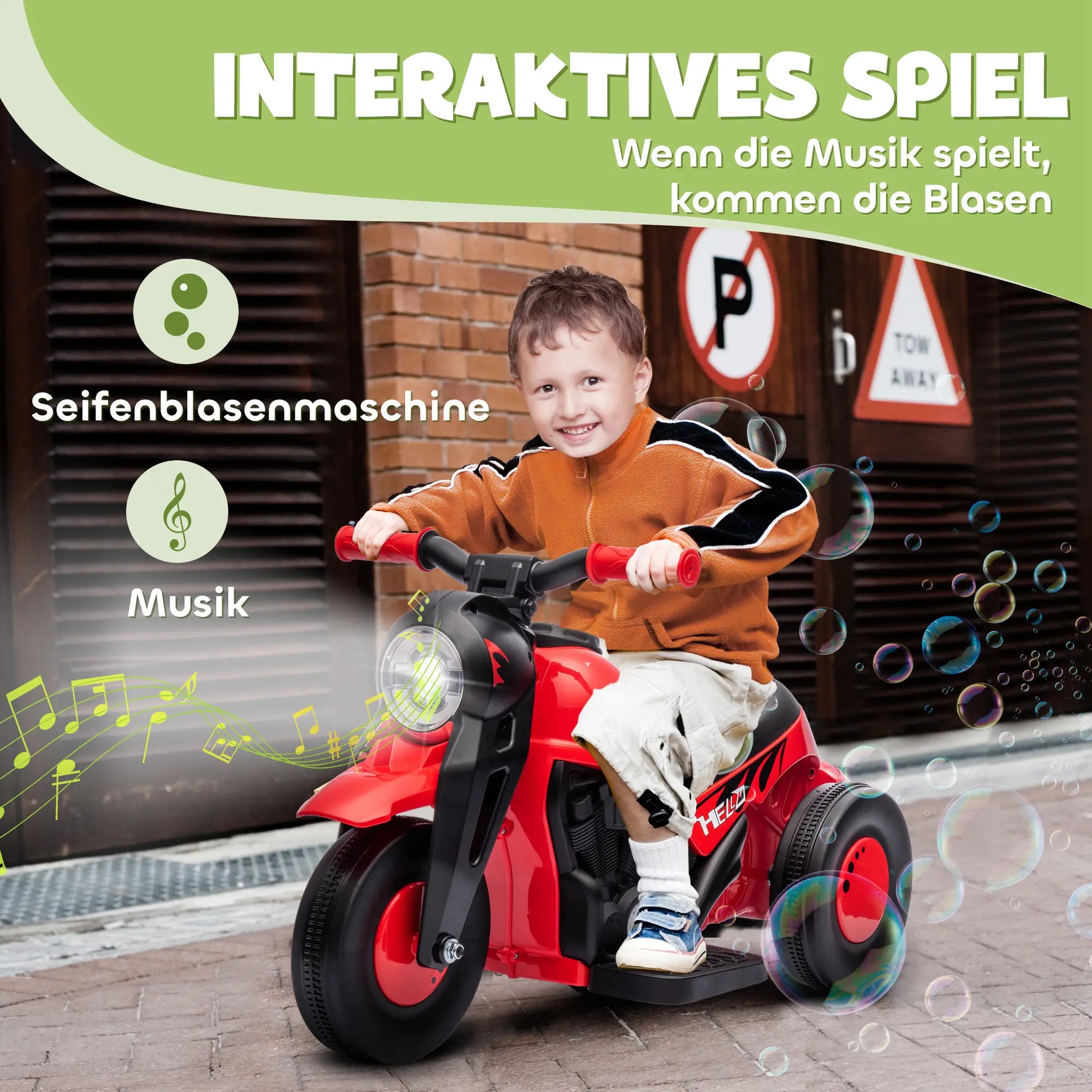 Kinder Elektro-Motorrad in Rot und Schwarz mit Musik und Seifenblasen für 2-5 Jahre.