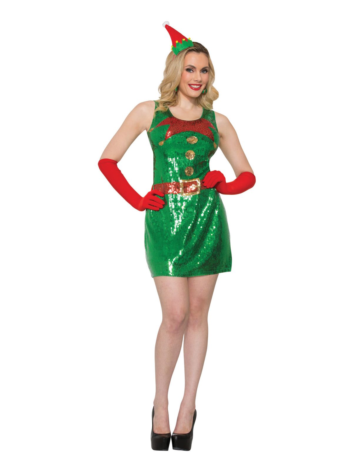 Rubies Elf Dress Sequin M/L Kostüm für Erwachsene mit Hut und Handschuhen