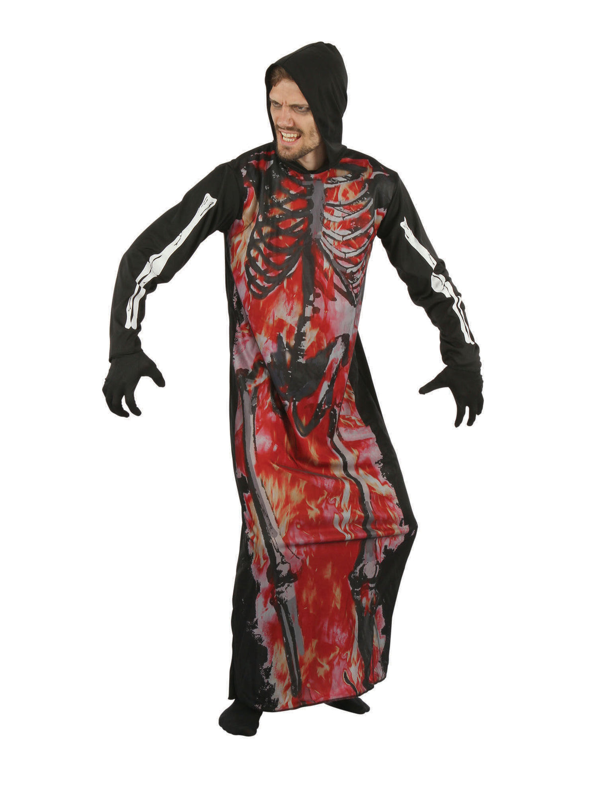 Rubies Hooded Skeleton On Fire Robe Kostüm für Erwachsene mit Skelett- und Flammenmotiv