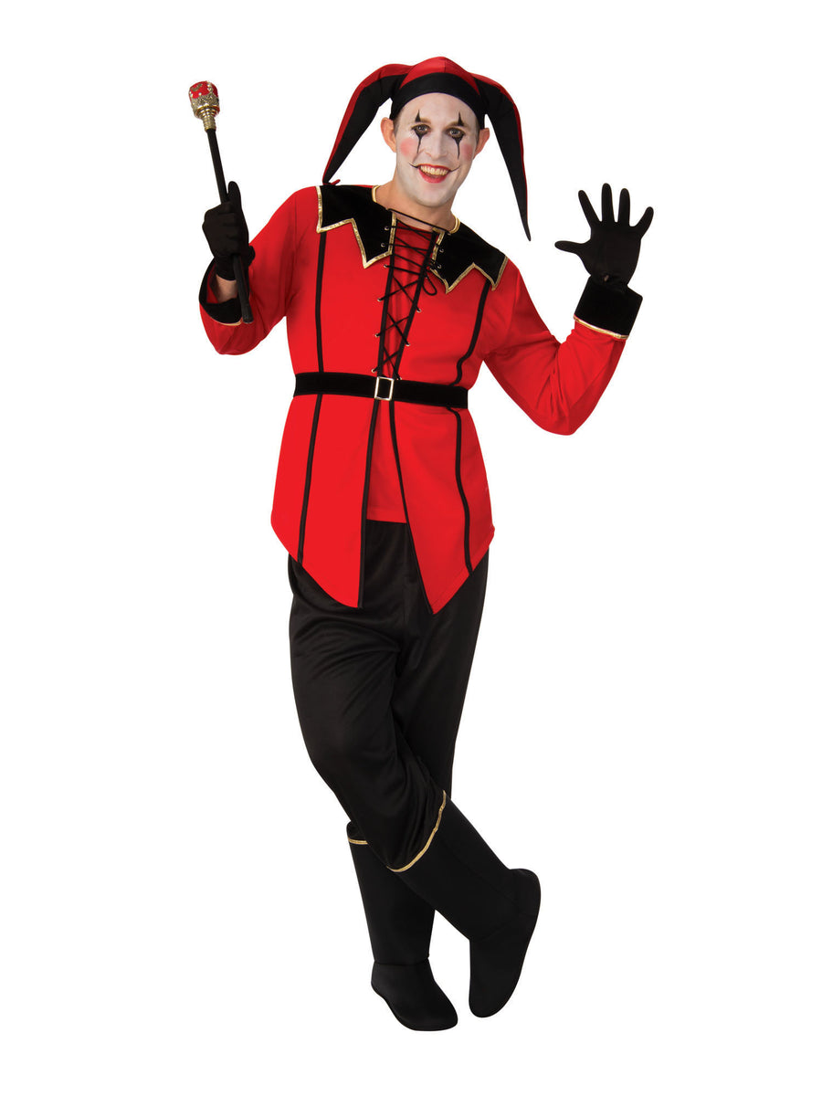 Rubies Court Jester Kostüm für Erwachsene mit Top Hose Überstiefeln Gürtel und Hut – Produktansicht