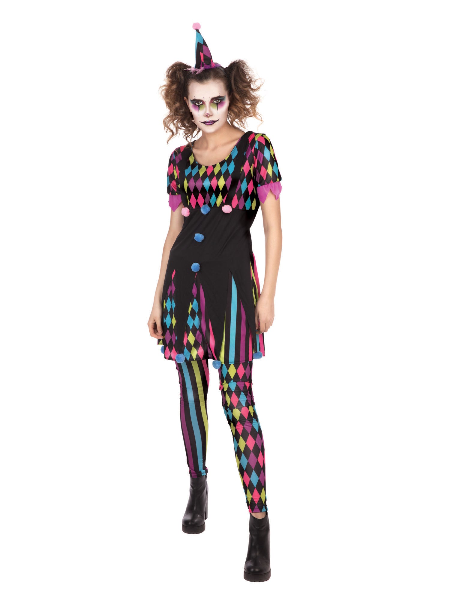 Rubies Clown Multicolour Mischief Kostüm für Damen mit Kleid, Haarband und Leggings