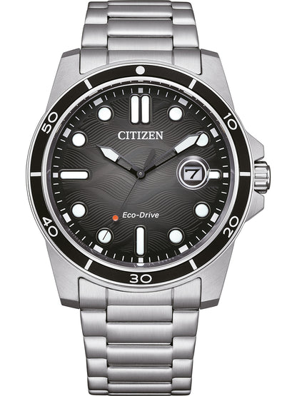 CITIZEN AW1816-89E Eco-Drive Armbanduhr mit schwarzem Zifferblatt und silberfarbenem Armband – Produktansicht