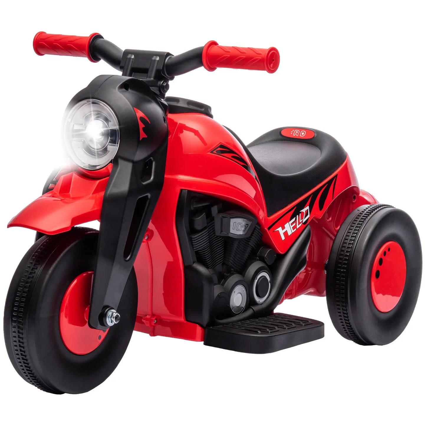 Rotes und schwarzes Kinder Elektro-Motorrad mit drei Rädern, Musik und Seifenblasenfunktion.