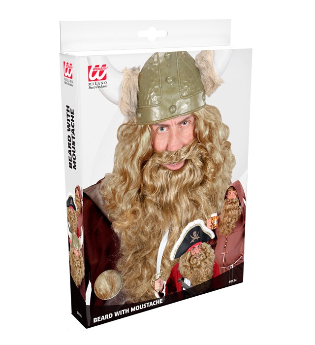Blonder Bart als Kostümzubehör in einer Box für Fasnacht und Mottoparty