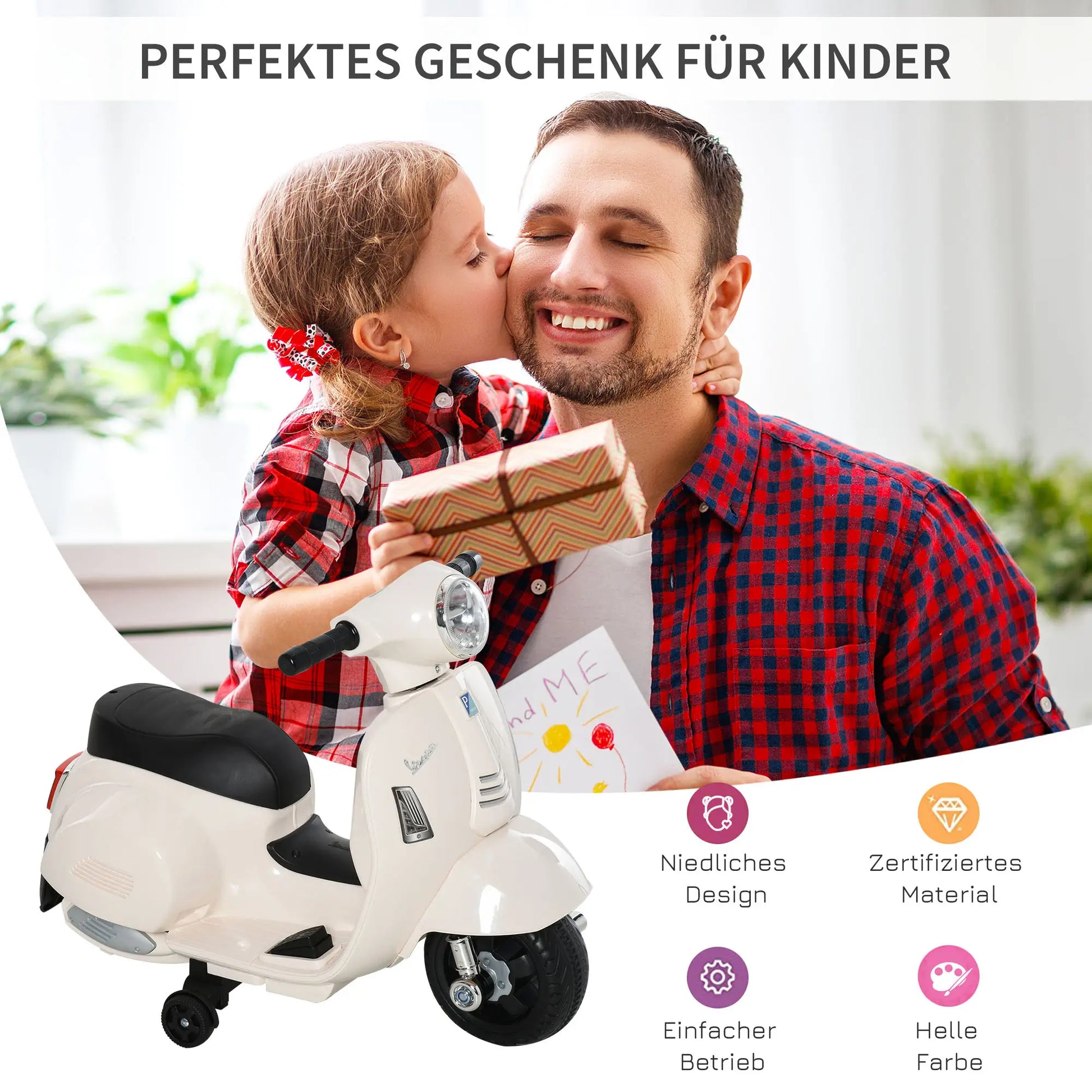 Weißes HOMCOM Elektro-Motorrad für Kleinkinder mit LED-Scheinwerfern und breitem Sitz.