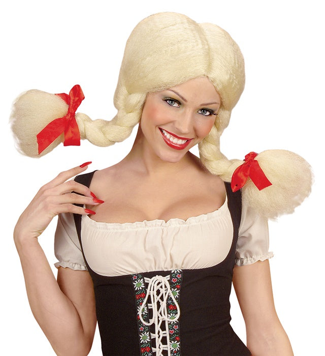Perücke Heidi mit modellierbaren braunen Zöpfen in Box für Fasnacht