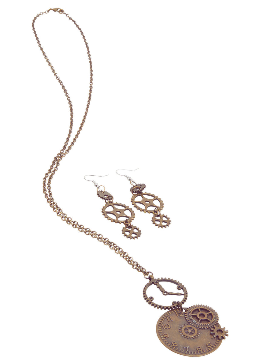 Rubies Steampunk Clck Necklace Gear Earrings Jewellery