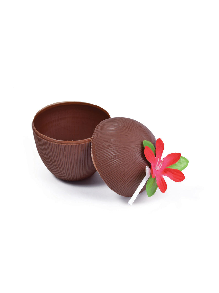 Rubies Coconut Cup mit Blume und Strohhalm fuer Hawaii-Party – Detailansicht