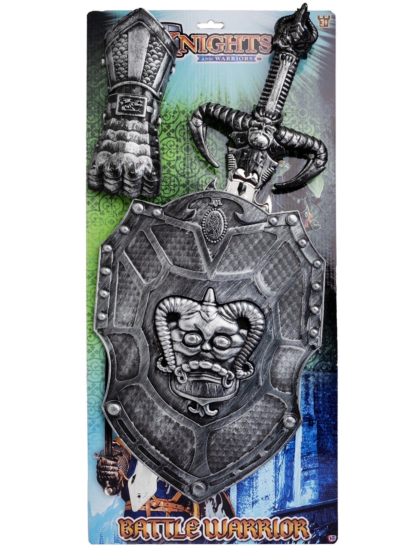 Rubies Battle Warrior Kostüm-Accessoires mit Schild, Stulpe und Schwert – Detailansicht