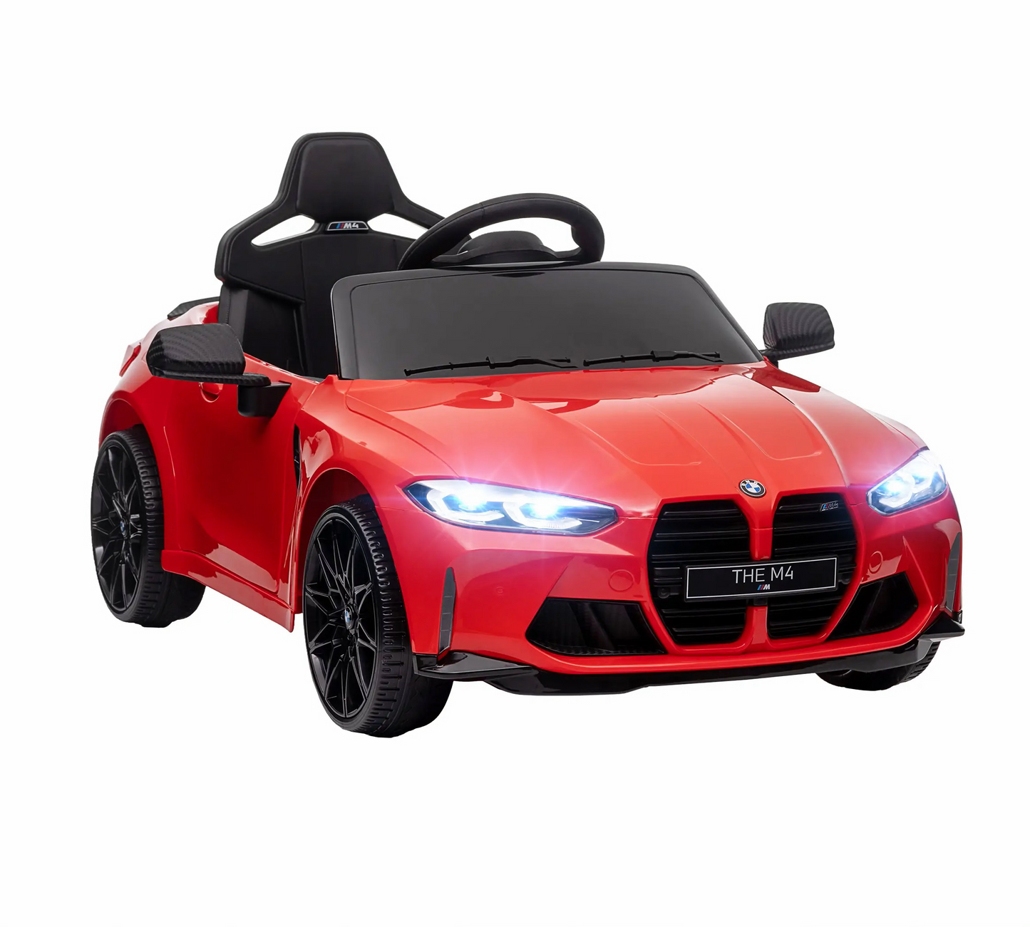 Rotes BMW M4 Elektro Kinderauto mit Fernsteuerung und LED-Scheinwerfern.