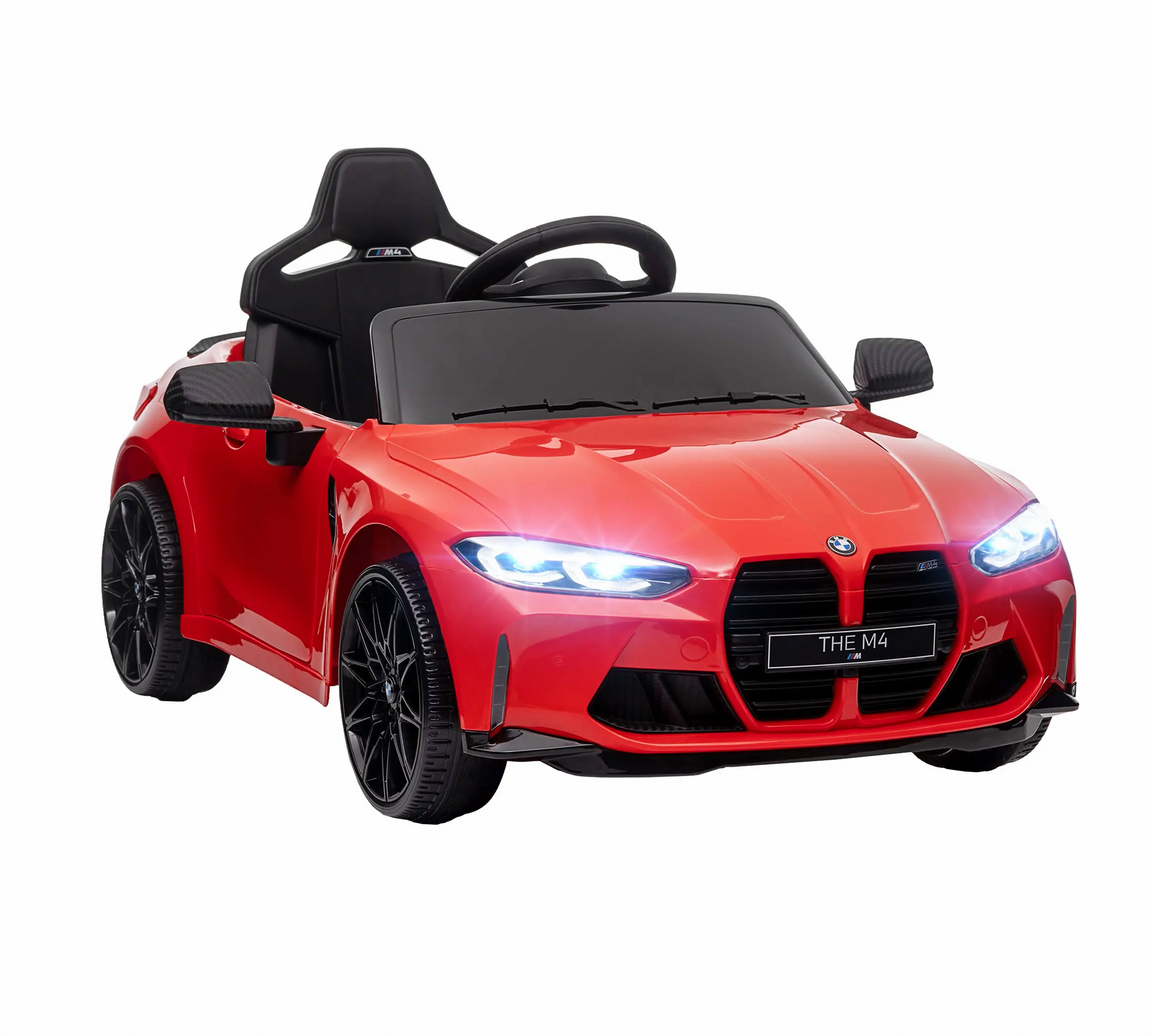 Rotes BMW M4 Elektro Kinderauto mit Fernsteuerung und LED-Scheinwerfern.