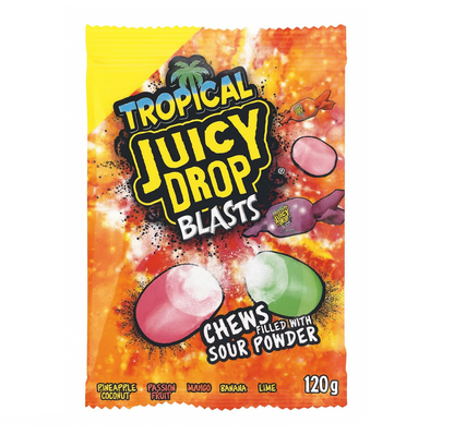 Bazooka Tropical Juicy Drop Blasts 120 g Kaubonbon mit flüssigem tropischem Fruchtsaftkern