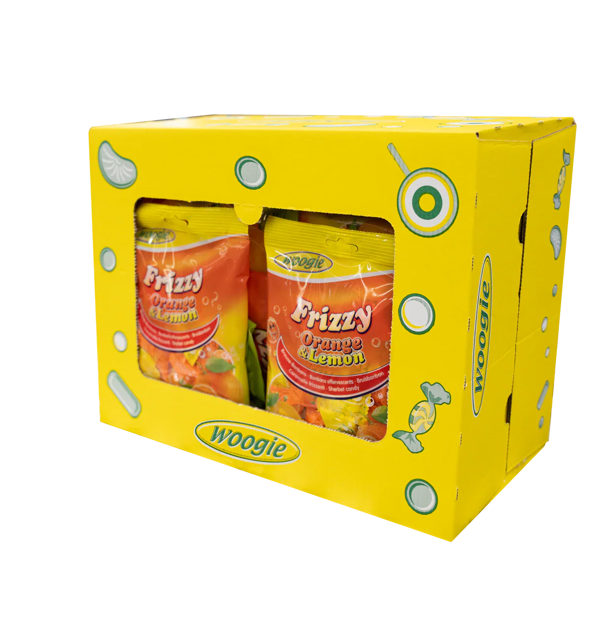Woogi Bonbons Frizzy Orange & Lemon 170g Das prickelt ganz schön gefüllt mit Orange Brausepulver.