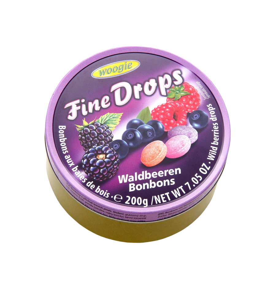 Woogie Bonbons mit Waldbeerengeschmack 200 g in wiederverschliessbarer Dose – Produktansicht