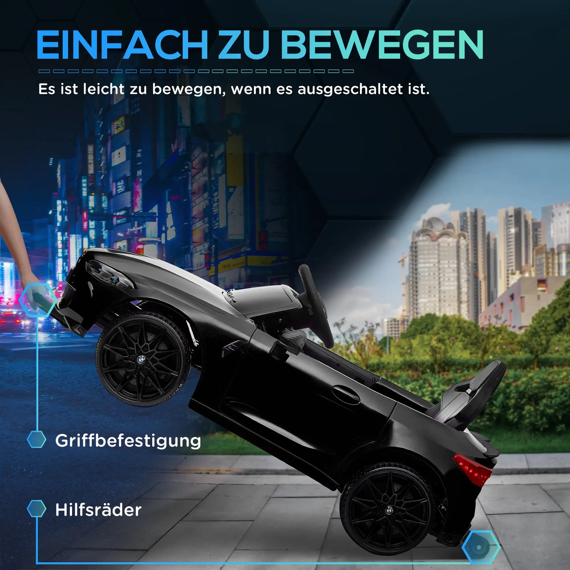 Schwarzes BMW M4 Elektro-Kinderauto mit Fernsteuerung und LED-Scheinwerfern für 3-5 Jahre.
